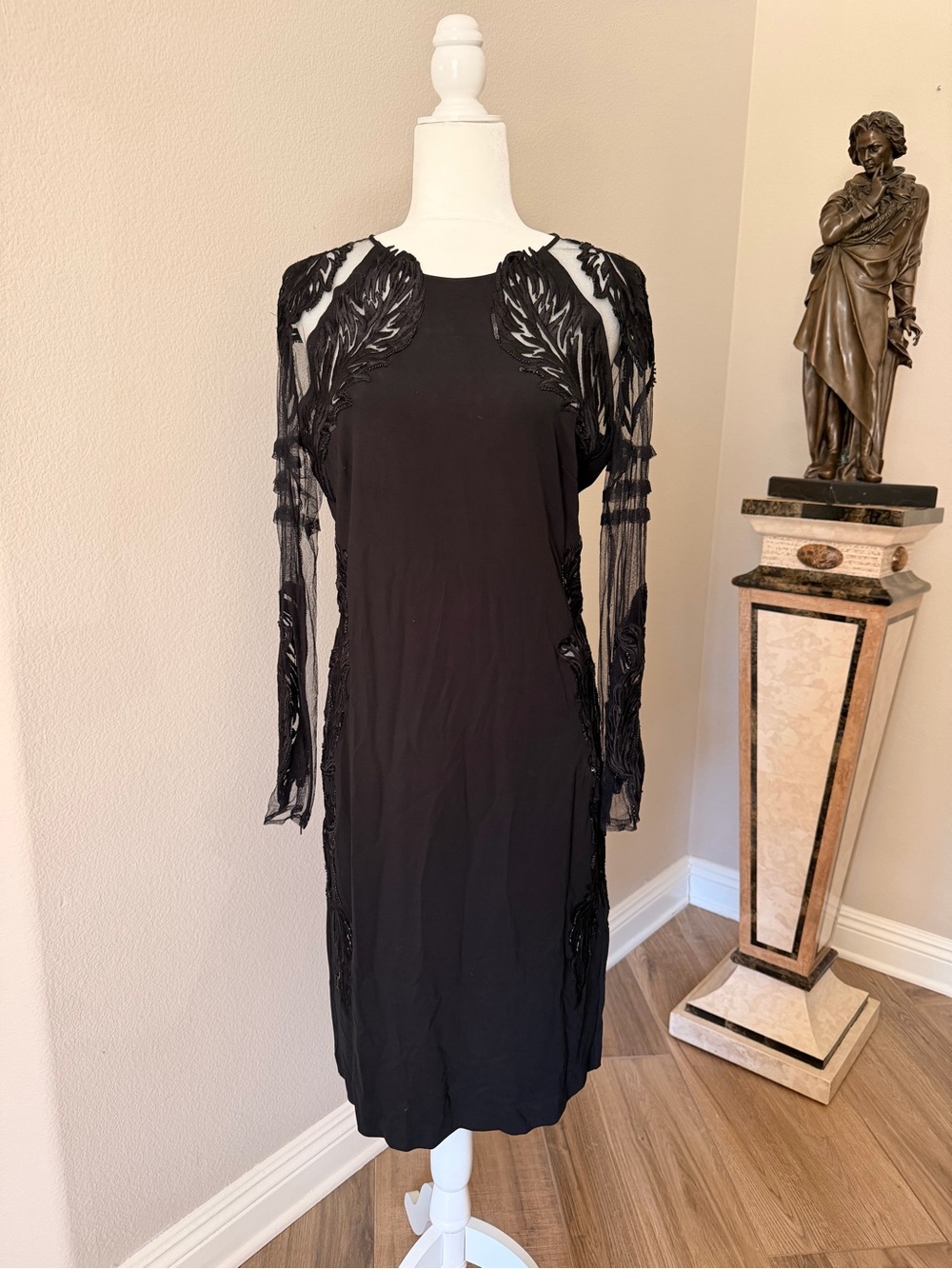 Roberto Cavalli Black Sheer Lace Long Sleeve Midi Dress